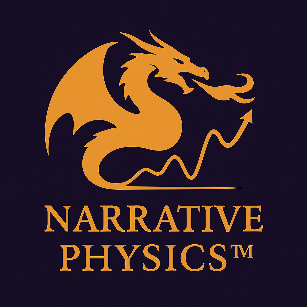 Narrative Physics&trade;. Gold dragon breathing fire that traces an upward physics curve on dark purple.