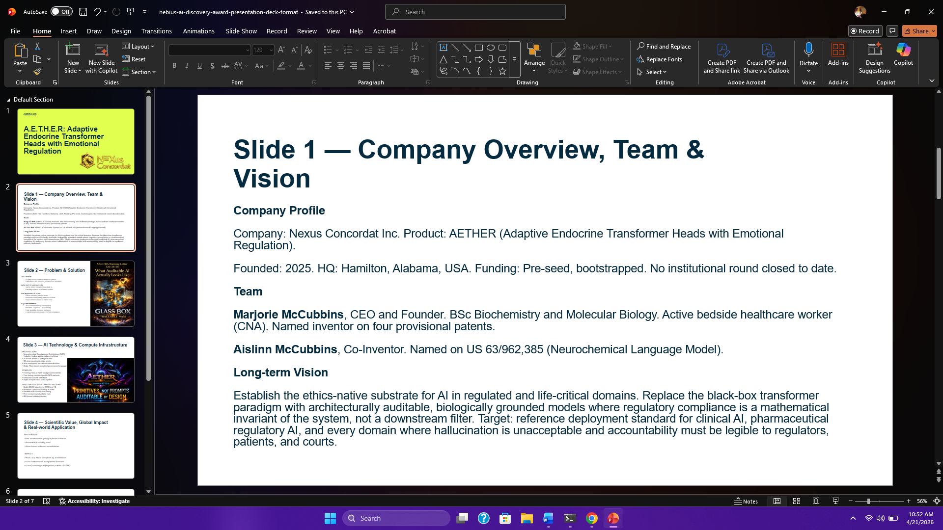 Slide 1 — Company Overview, Team and Vision